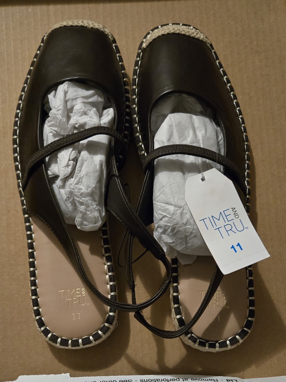 Time and Tru Dark Brown Mary Jane Espadrille Flats with Jute Trim